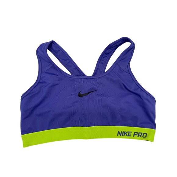 Nike Pro Womens Dri-Fit Sports Bra Size M Purple Neon Green Logo Racerback Gym - Picture 1 of 8